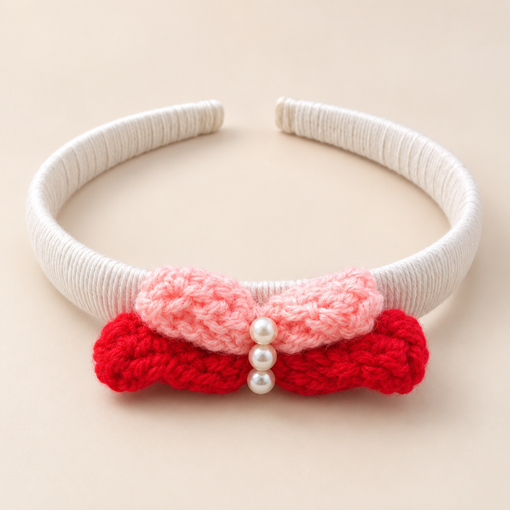 Red &amp; Pink Crochet Bow Hairband view 1