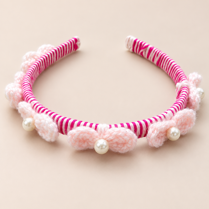 Pink Crochet Pearl Hairband view 1