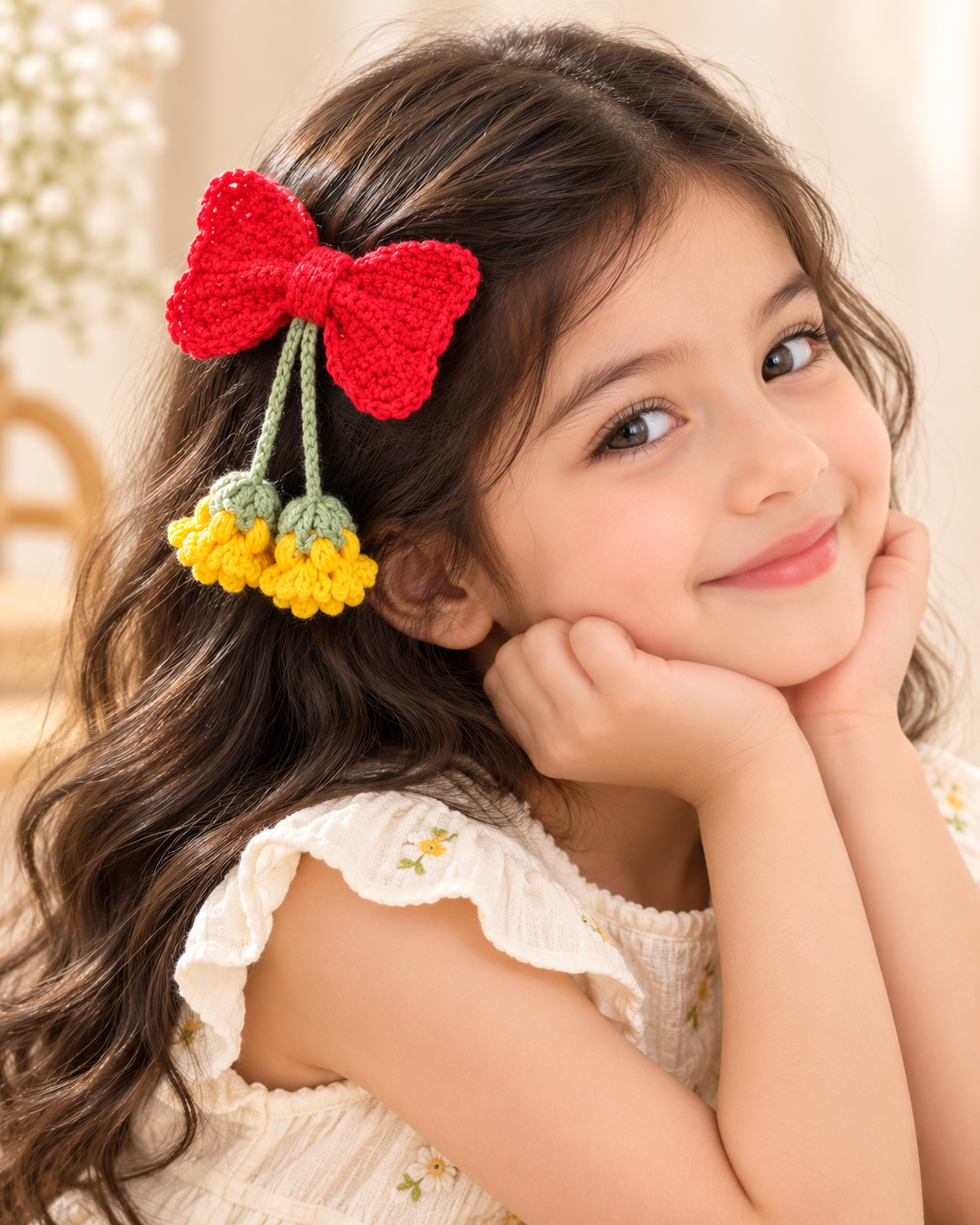 Crochet Bow Hair Clip with Flower Danglers view 3