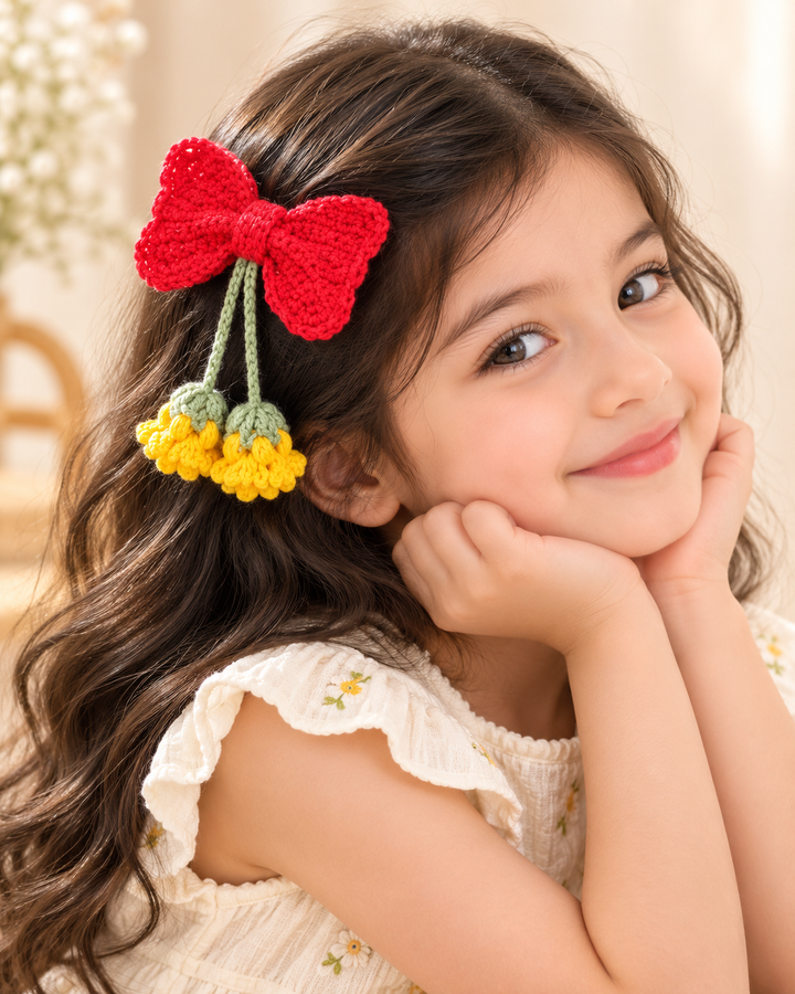 Crochet Bow Hair Clip with Flower Danglers view 3