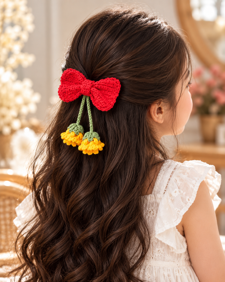 Crochet Bow Hair Clip with Flower Danglers view 2