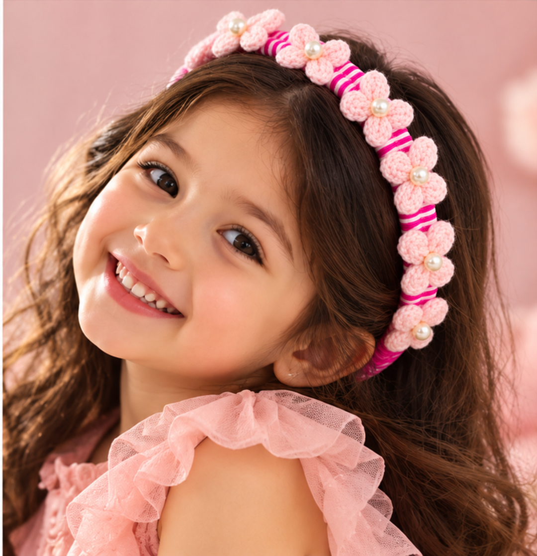 Pink Crochet Pearl Hairband view 2