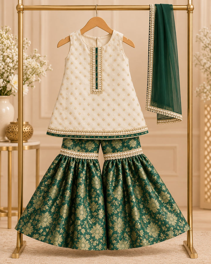 Emerald Pearl – 3 Piece Pearl Embellished Brocade Gharara (RK0102) view 1 view 1