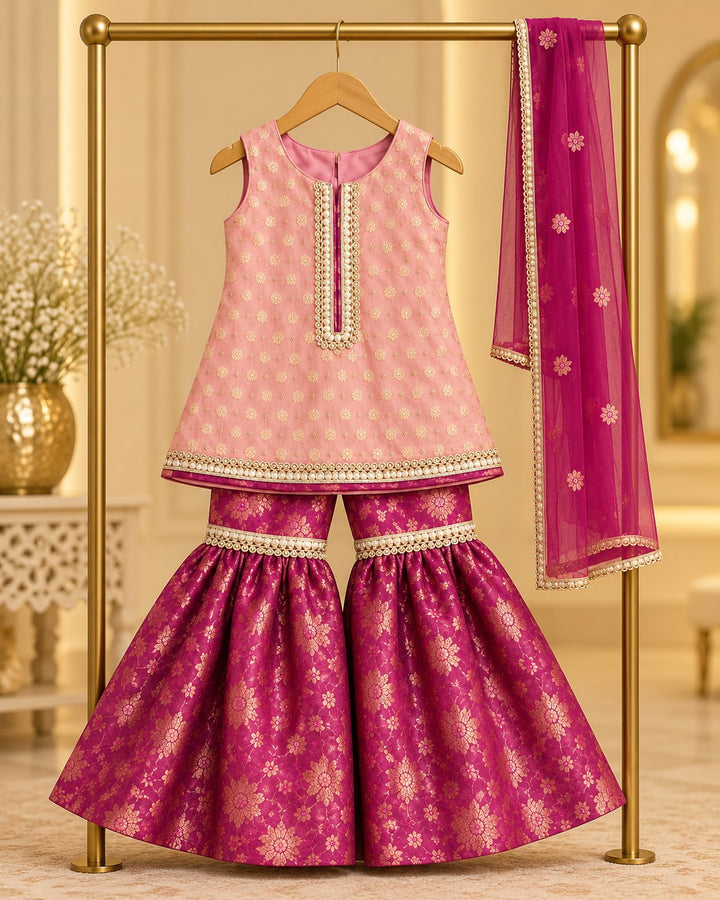 Magenta Muse – 3 Piece Pearl Embellished Jamawar Gharara (RK0103) view 1 view 1
