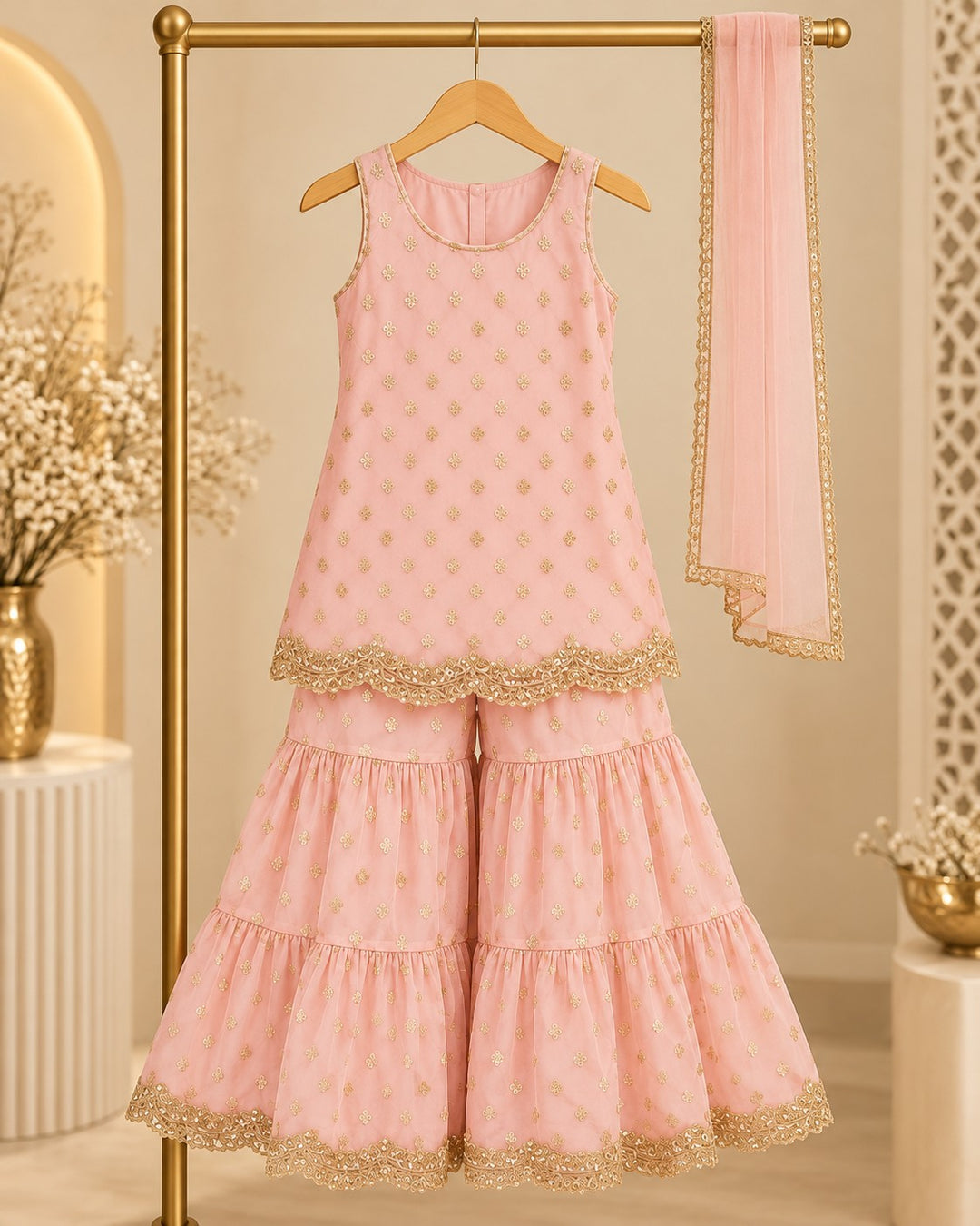 Blush Petal – 3 Piece Embroidered Net Tiered Gharara (RK0104) view 1 view 1