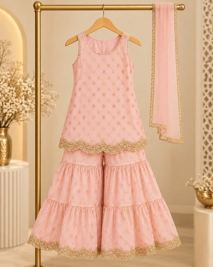 Blush Petal – 3 Piece Embroidered Net Tiered Gharara (RK0104) view 1 view 1