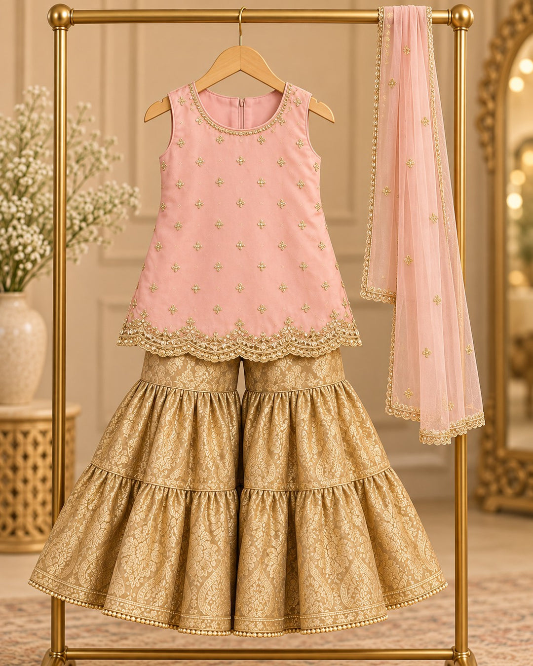 Rose Gold – 3 Piece Embroidered Jamawar Tiered Gharara (RK0105) view 1 view 1