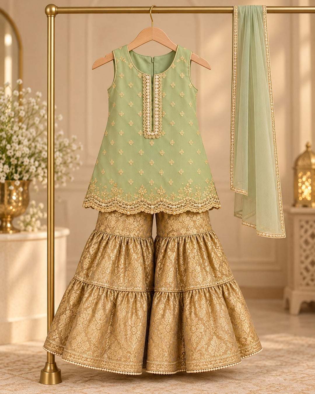 Pistachio Gold – 3 Piece Pearl Placket Jamawar Tiered Gharara (RK0106) view 1 view 1