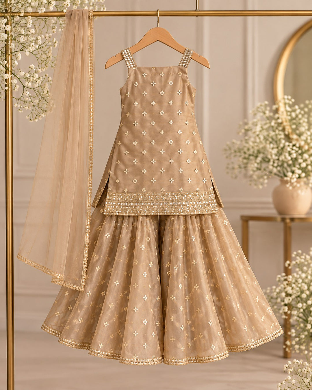 Champagne Glow – 3 Piece Mirror Embellished Net Sharara (RK0107) view 1 view 1