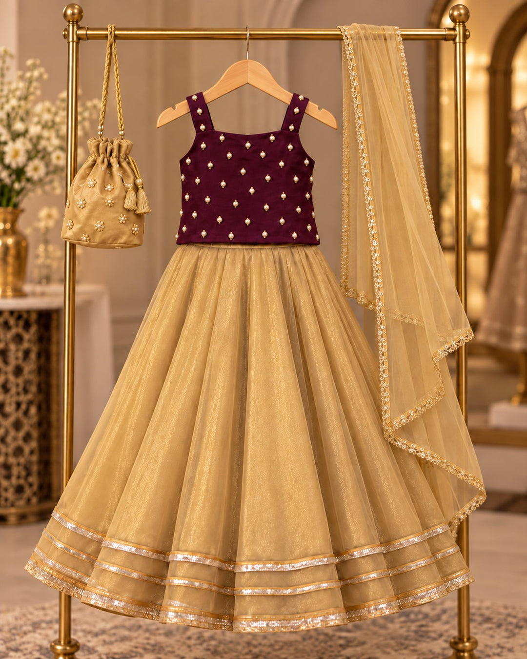 Wine Pearl – 3 Piece Velvet Choli &amp; Tissue Lehenga with Potli (RK0108) view 1 view 1