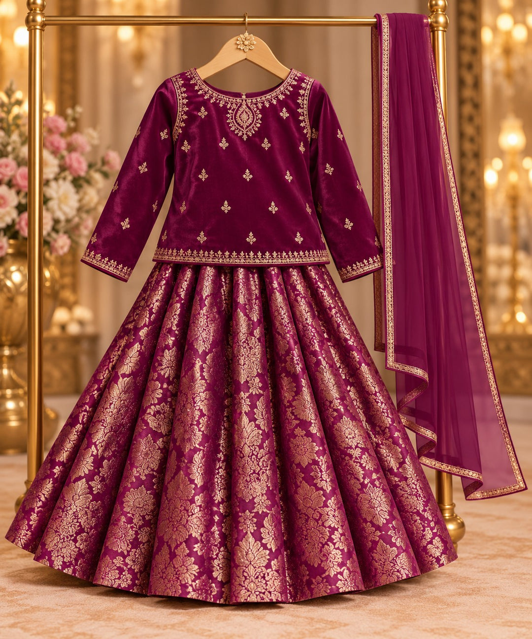 Plum Rani – 3 Piece Embroidered Velvet Lehenga Set (RK0110) view 1 view 1