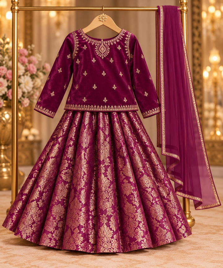 Plum Rani – 3 Piece Embroidered Velvet Lehenga Set (RK0110) view 1 view 1