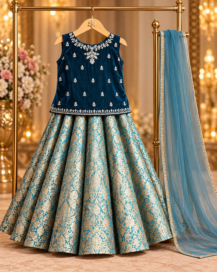 Peacock Silver – 3 Piece Embroidered Velvet Brocade Lehenga (RK0111) view 1 view 1