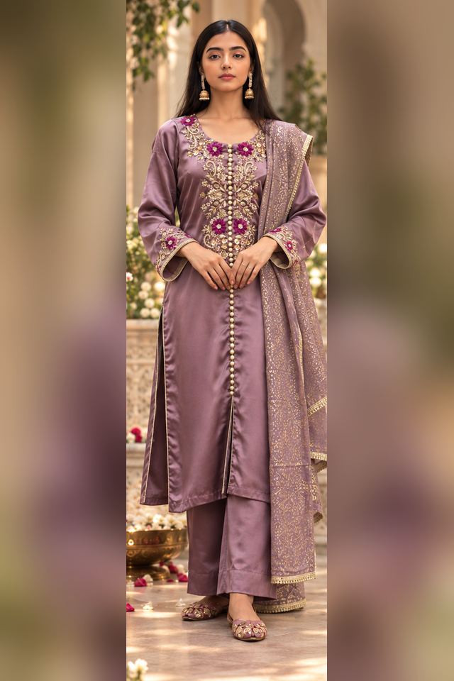 3 Piece Embroidered Silk Suit (RS0102) view 1 view 1