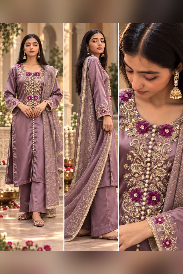 3 Piece Embroidered Silk Suit (RS0102) view 4 view 3