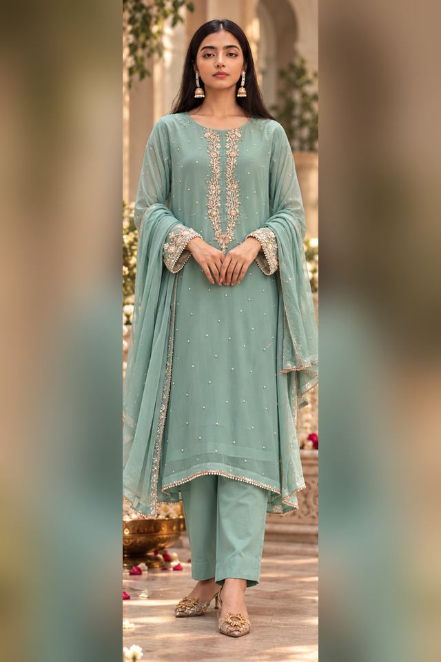 3 Piece Pearl Embroidered Chiffon Suit (RS0109) view 1 view 1