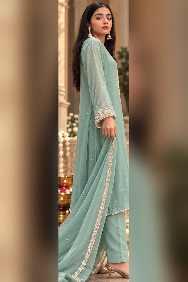3 Piece Pearl Embroidered Chiffon Suit (RS0109) view 2 view 2