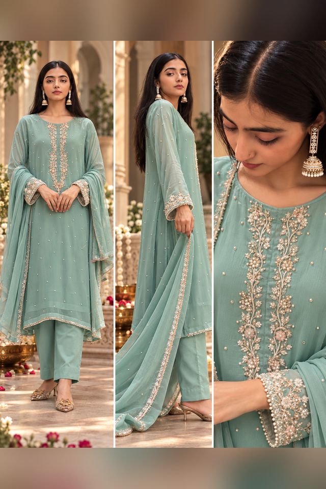 3 Piece Pearl Embroidered Chiffon Suit (RS0109) view 4 view 3