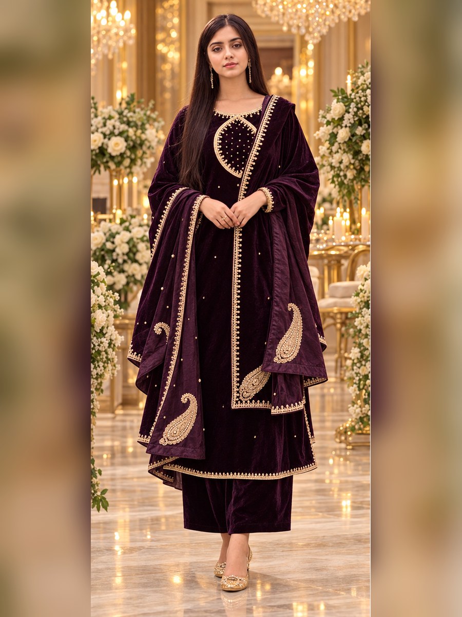 3 Piece Embroidered Velvet Suit (RS0113) view 1 view 1