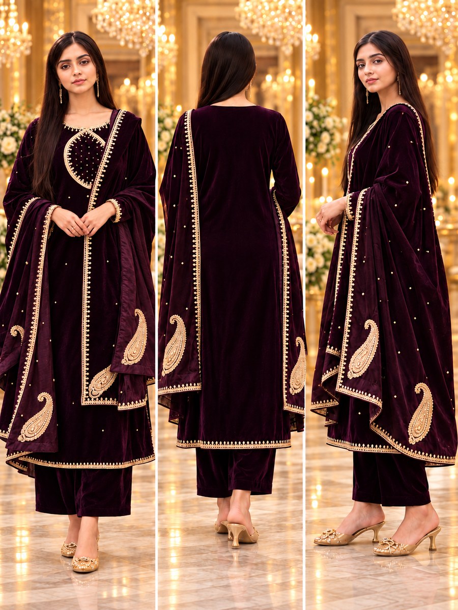 3 Piece Embroidered Velvet Suit (RS0113) view 4 view 4
