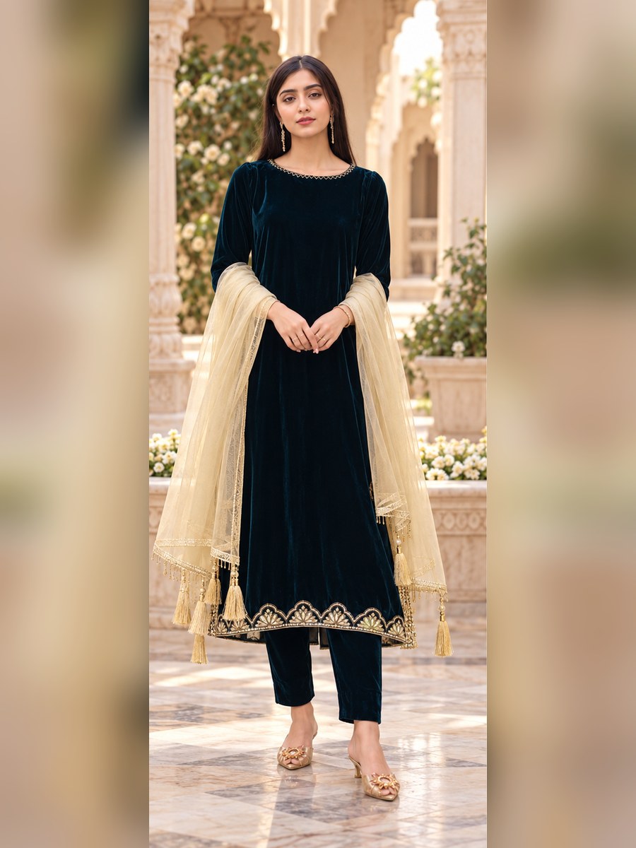 3 Piece Velvet Suit with Net Dupatta (RS0114) view 1 view 1