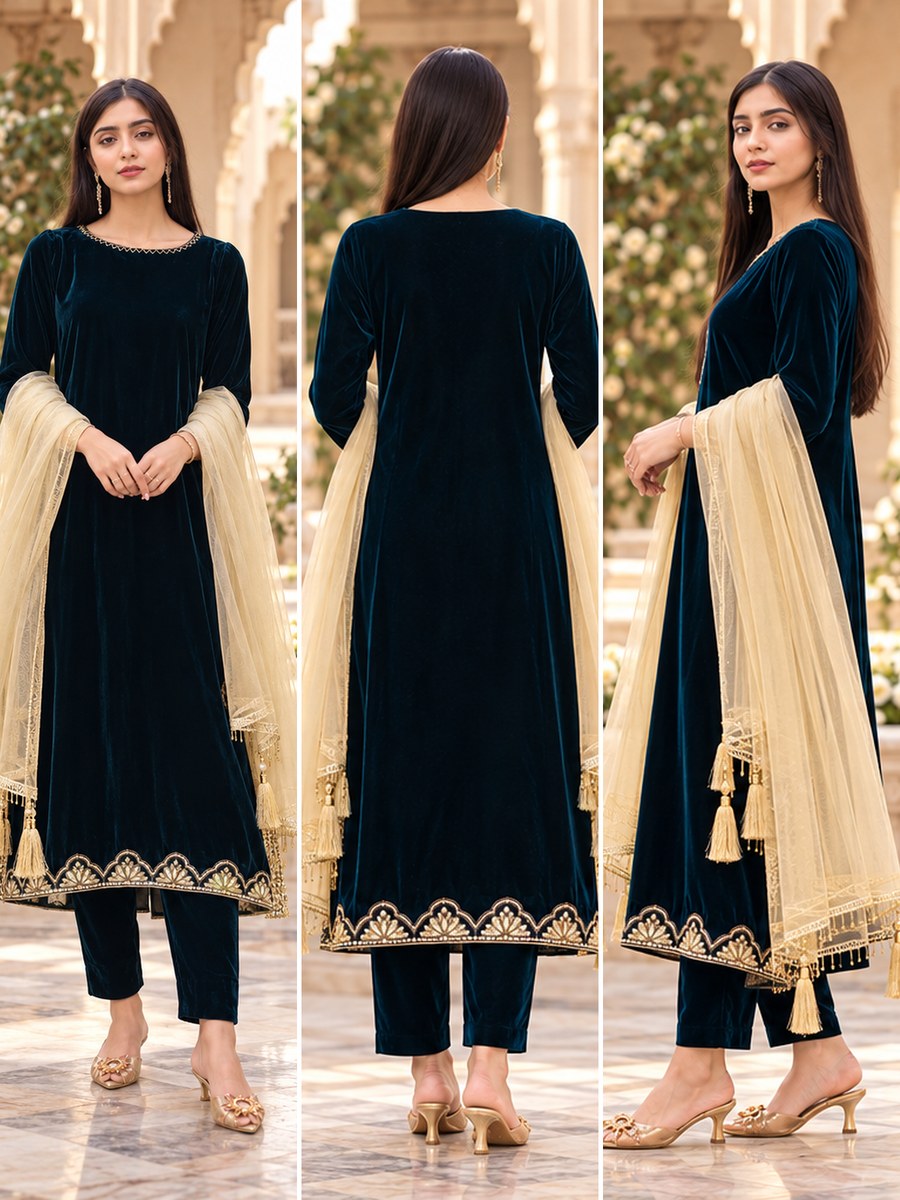 3 Piece Velvet Suit with Net Dupatta (RS0114) view 4 view 4