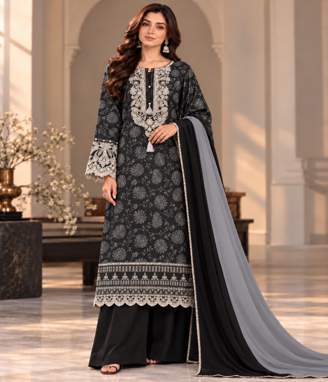 Onyx Lace – 3 Piece Embroidered Jacquard Suit (RS0115) view 1 view 1
