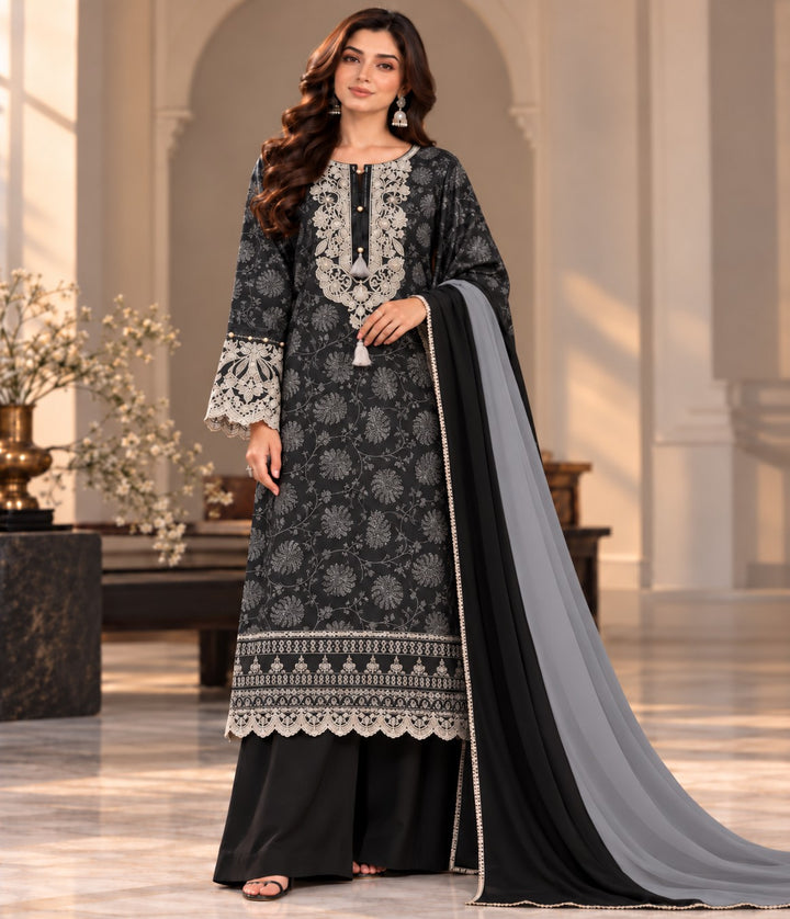 Onyx Lace – 3 Piece Embroidered Jacquard Suit (RS0115) view 1 view 1