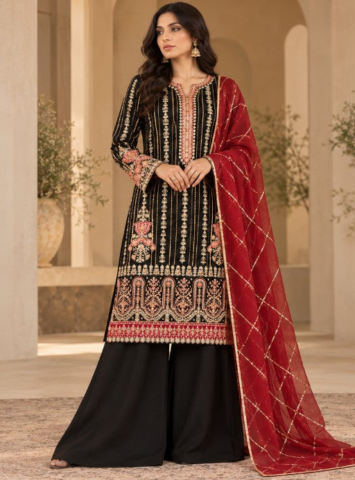 Noir Rouge – 3 Piece Embroidered Raw Silk Suit (RS0116) view 1 view 1