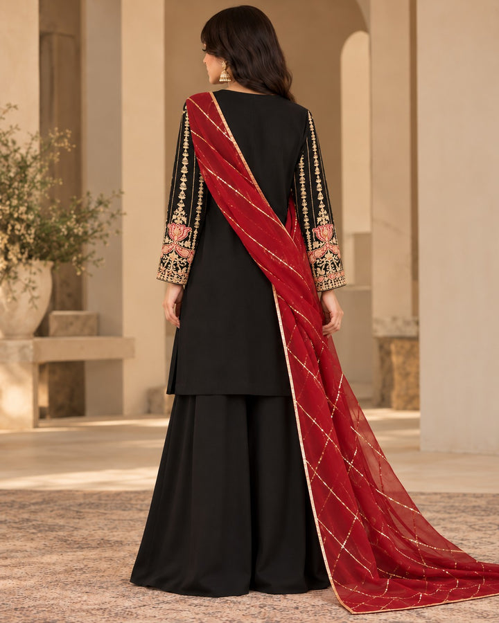 Noir Rouge – 3 Piece Embroidered Raw Silk Suit (RS0116) view 2 view 2