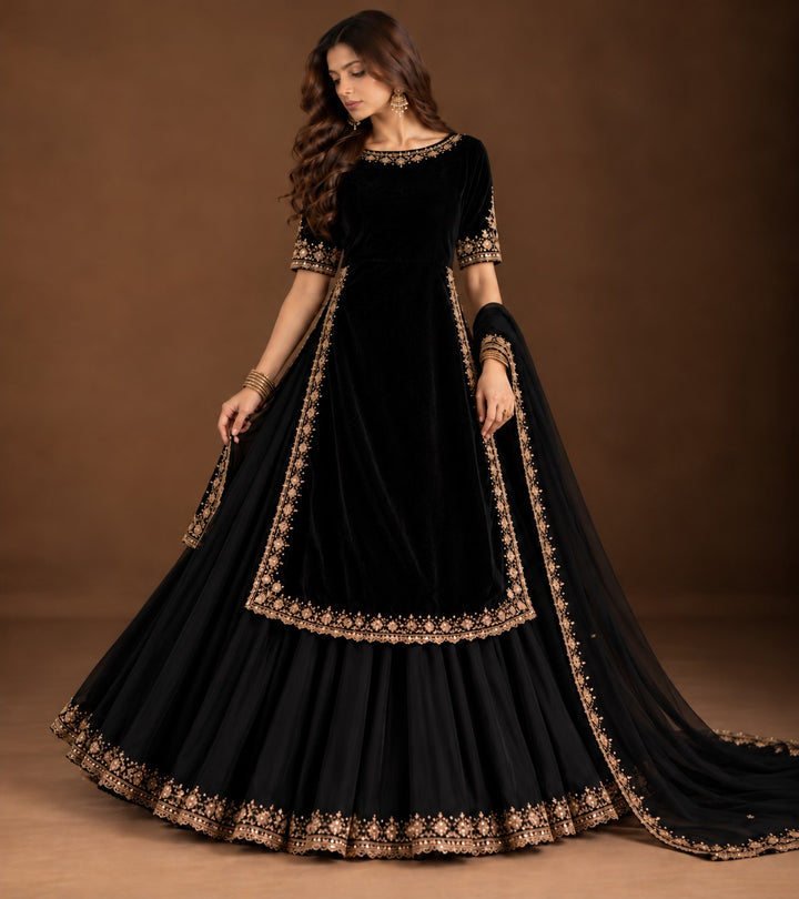 Midnight Velvet – 3 Piece Velvet &amp; Net Frock (RS0117) view 1 view 1