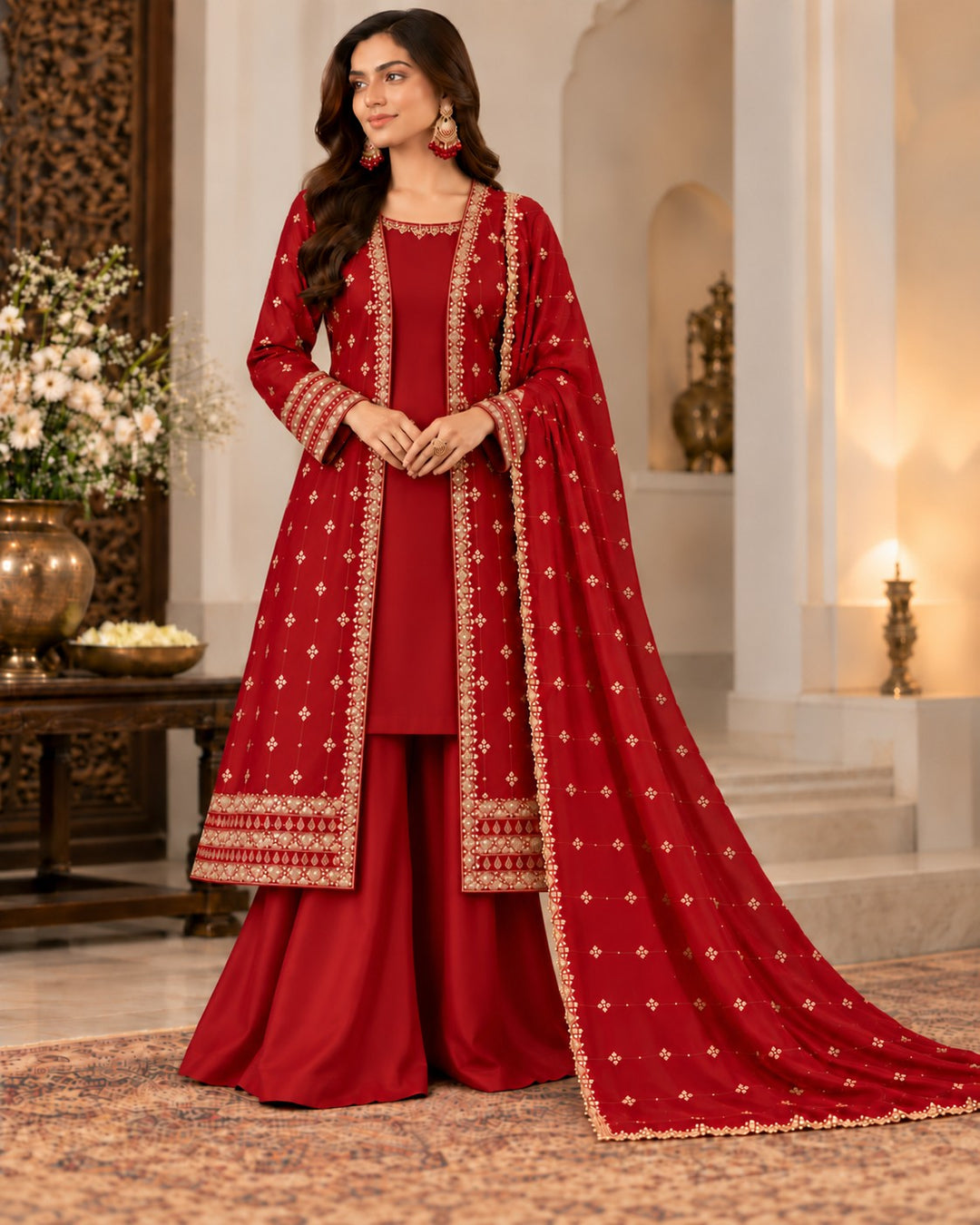 Scarlet Court – 4 Piece Front-Open Gown with Palazzo (RS0118) view 1 view 1