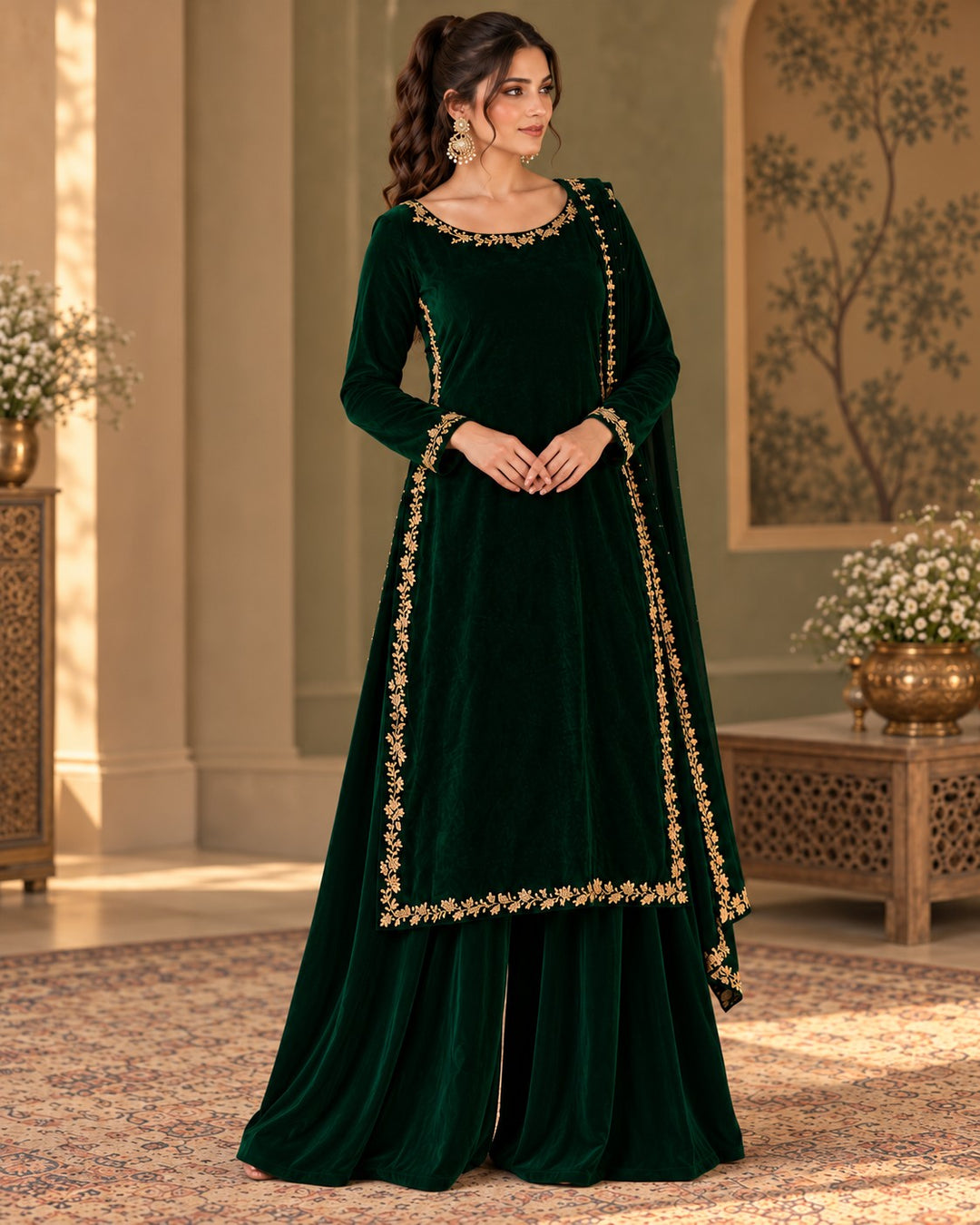 Emerald Velvet – 3 Piece Zardozi Velvet Suit (RS0119) view 1 view 1