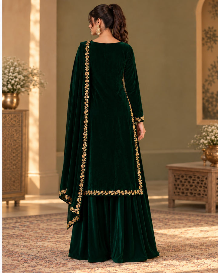 Emerald Velvet – 3 Piece Zardozi Velvet Suit (RS0119) view 2 view 2