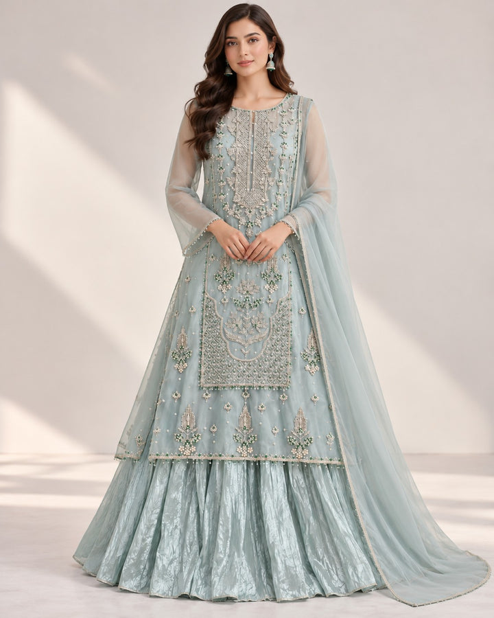 Powder Pearl – 3 Piece Embellished Organza Sharara (RS0121) view 1 view 1