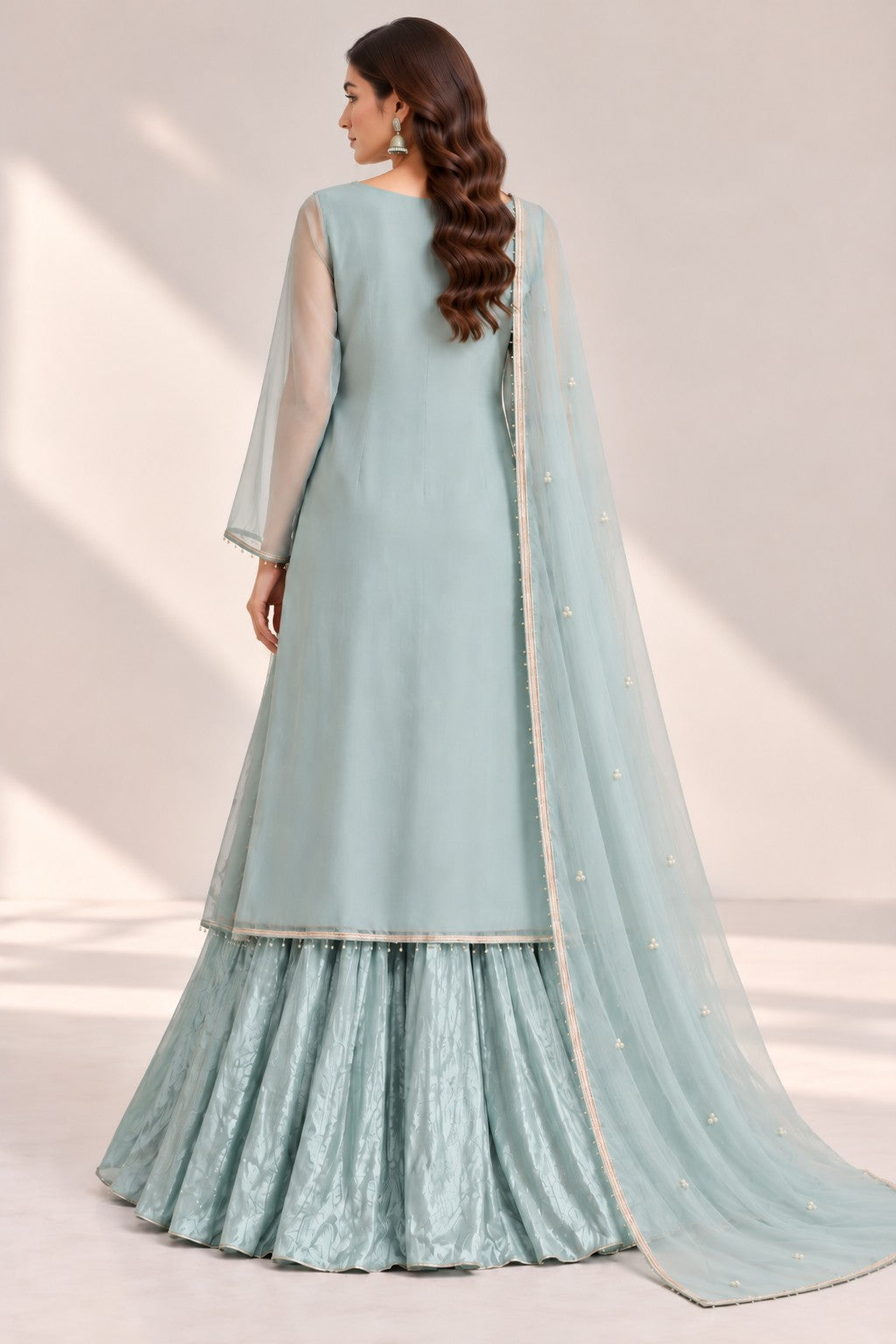 Powder Pearl – 3 Piece Embellished Organza Sharara (RS0121) view 2 view 2