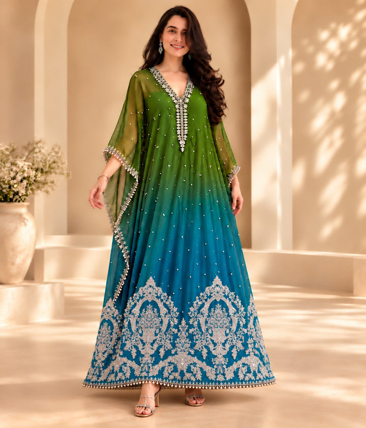 Lagoon Ombré – 1 Piece Embellished Chiffon Kaftan (RS0122) view 1 view 1
