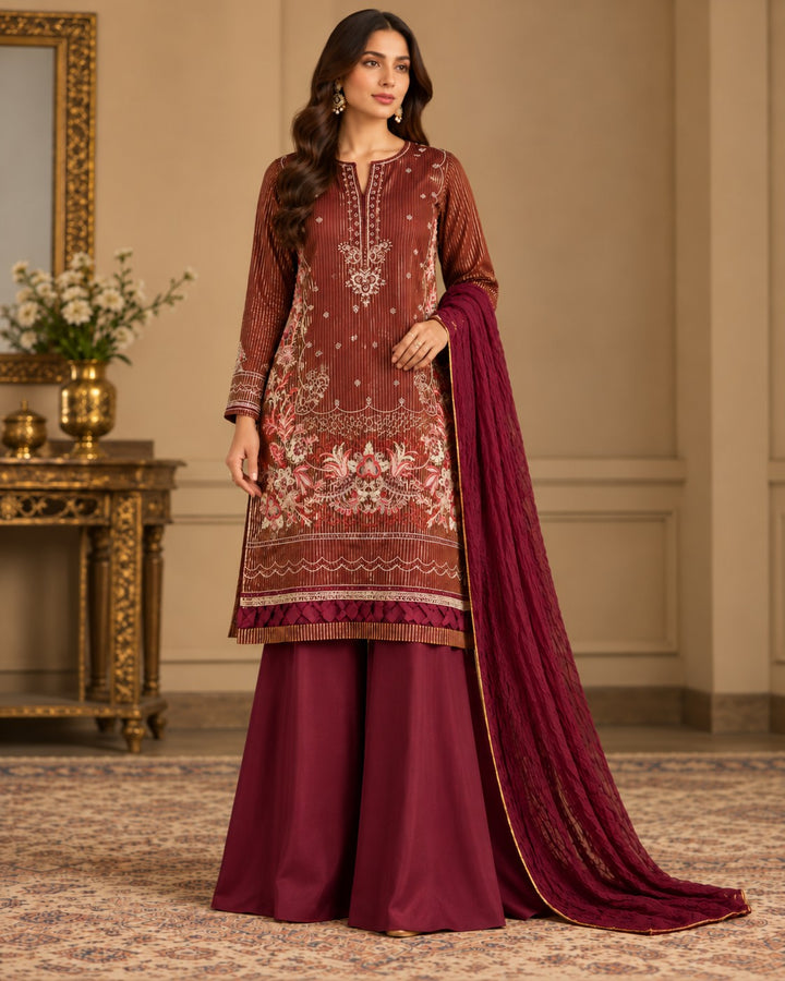 Rust Garden – 3 Piece Embroidered Jacquard Suit (RS0124) view 1 view 1