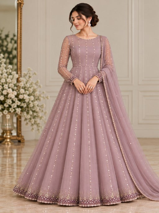 Mauve Mist – 3 Piece Pearl &amp; Sequin Net Frock (RS0125) view 1 view 1