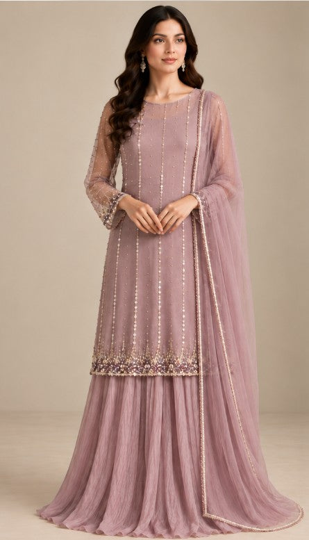 Lilac Haze – 3 Piece Sequinned Net Shirt with Crinkle Lehenga (RS0126) view 1 view 1