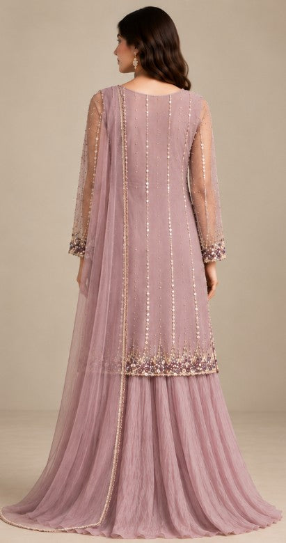 Lilac Haze – 3 Piece Sequinned Net Shirt with Crinkle Lehenga (RS0126) view 2 view 2