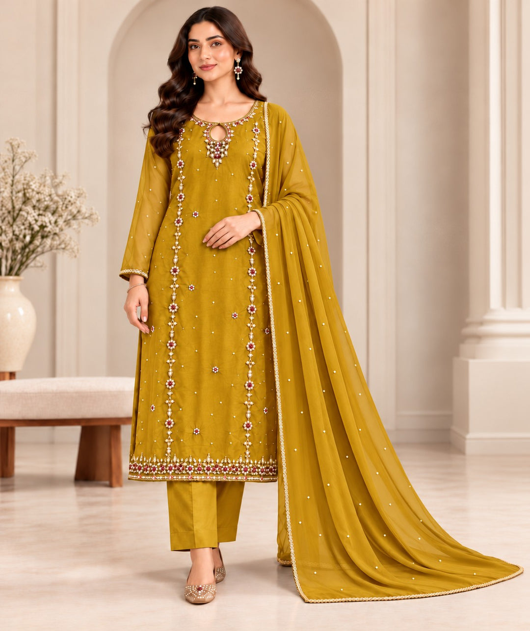 Saffron Pearl – 3 Piece Embellished Raw Silk Suit (RS0128) view 1 view 1
