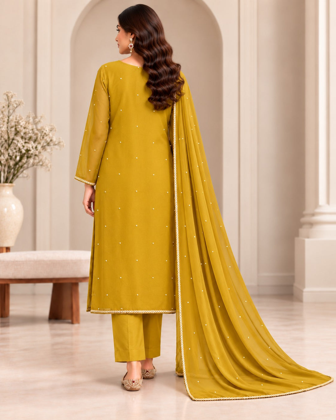 Saffron Pearl – 3 Piece Embellished Raw Silk Suit (RS0128) view 2 view 2