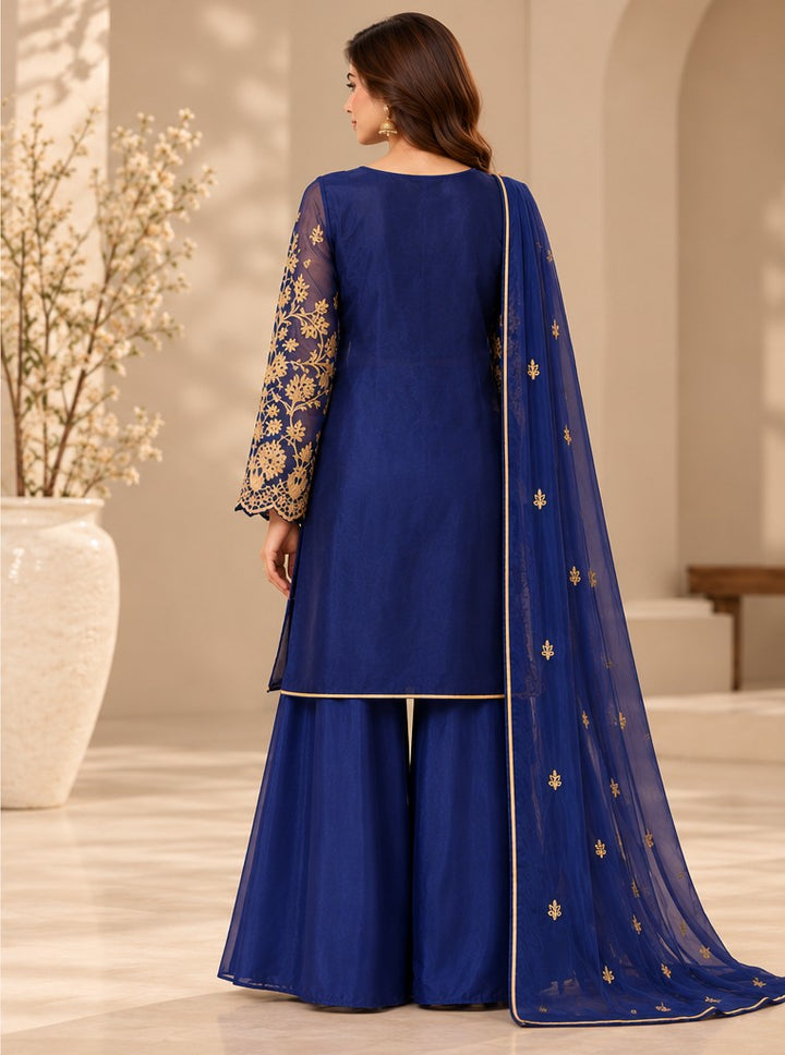 Royal Sapphire – 3 Piece Embroidered Raw Silk Suit (RS0129) view 2 view 2