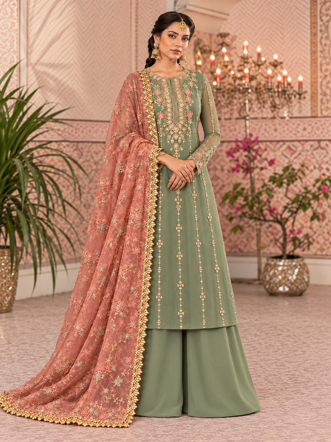 Sage Coral – 3 Piece Embroidered Chiffon Suit (RS0130) view 1 view 1