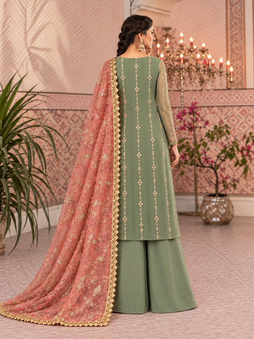 Sage Coral – 3 Piece Embroidered Chiffon Suit (RS0130) view 2 view 2