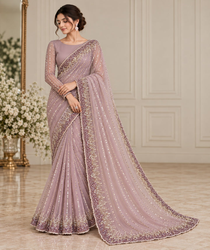 Mauve Starlight – 2 Piece Embellished Chiffon Saree (RS0131) view 1 view 1