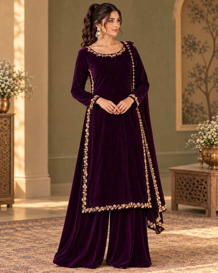 Aubergine Velvet – 3 Piece Zardozi Velvet Suit (RS0132) view 1 view 1