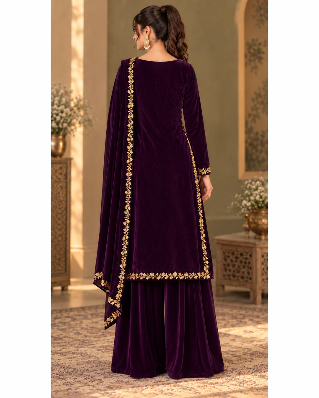 Aubergine Velvet – 3 Piece Zardozi Velvet Suit (RS0132) view 2 view 2