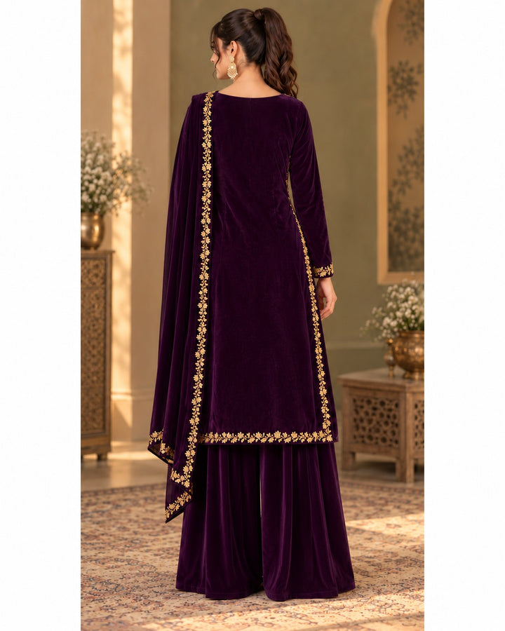 Aubergine Velvet – 3 Piece Zardozi Velvet Suit (RS0132) view 2 view 2